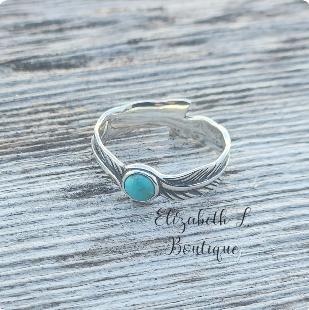 925 Sterling Silver Genuine Turquoise Feather Design Ring Size 6 Boutique BNWT - Picture 1 of 2